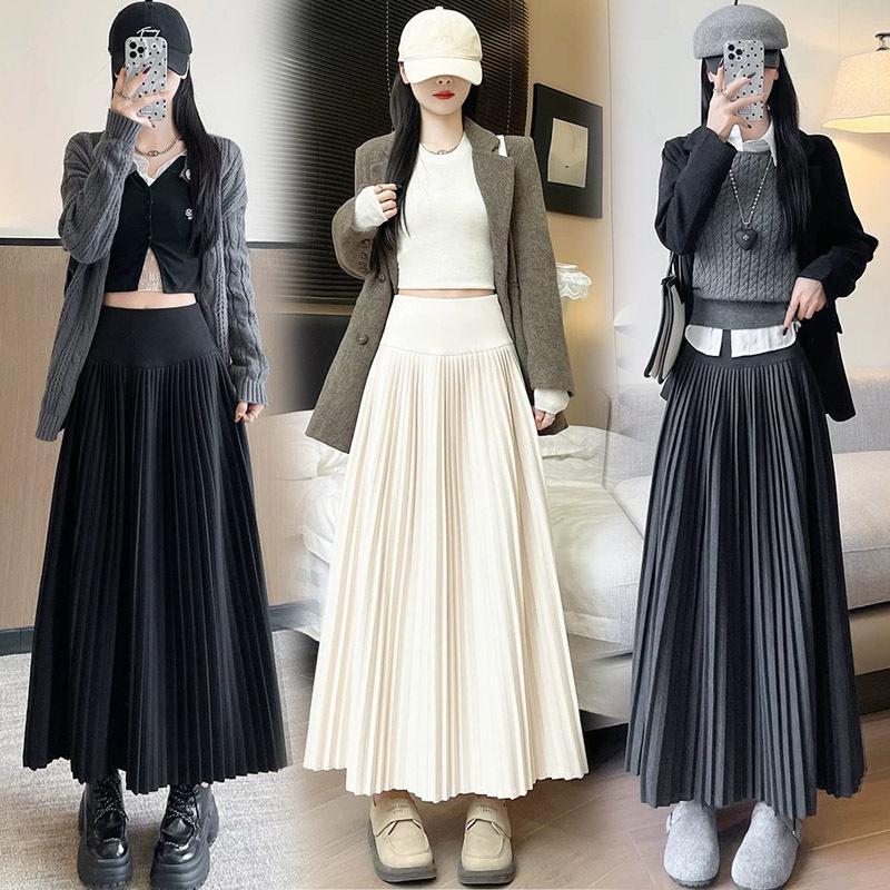 Maternity Woolen Pleated High-Waisted A-Line Long Skirt for Autumn/Winter 2026