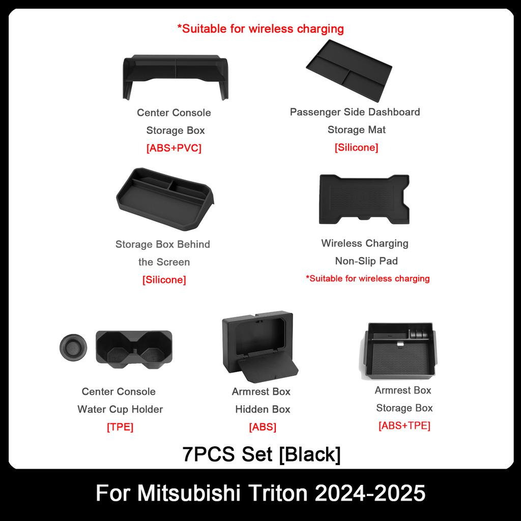 For Mitsubishi Triton 2024+ Center Console Wireless Charging Non-slip Protective Mat Water Cup Holder Armrest Hidden Storage Box
