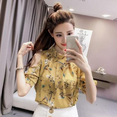 Chiffon Print Floral Damen Shirt Elegante Sommer Tops Off The Shoulder Blusen Frauen Kurzarm Damen Kleidung