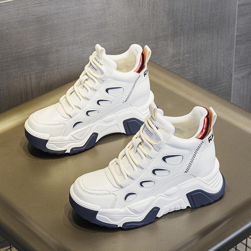 100% Genuine Leather Shoes Women Fashion Sneakers High top Brand Ladies Height Increasing Shoes 7cm Pure Black Blue