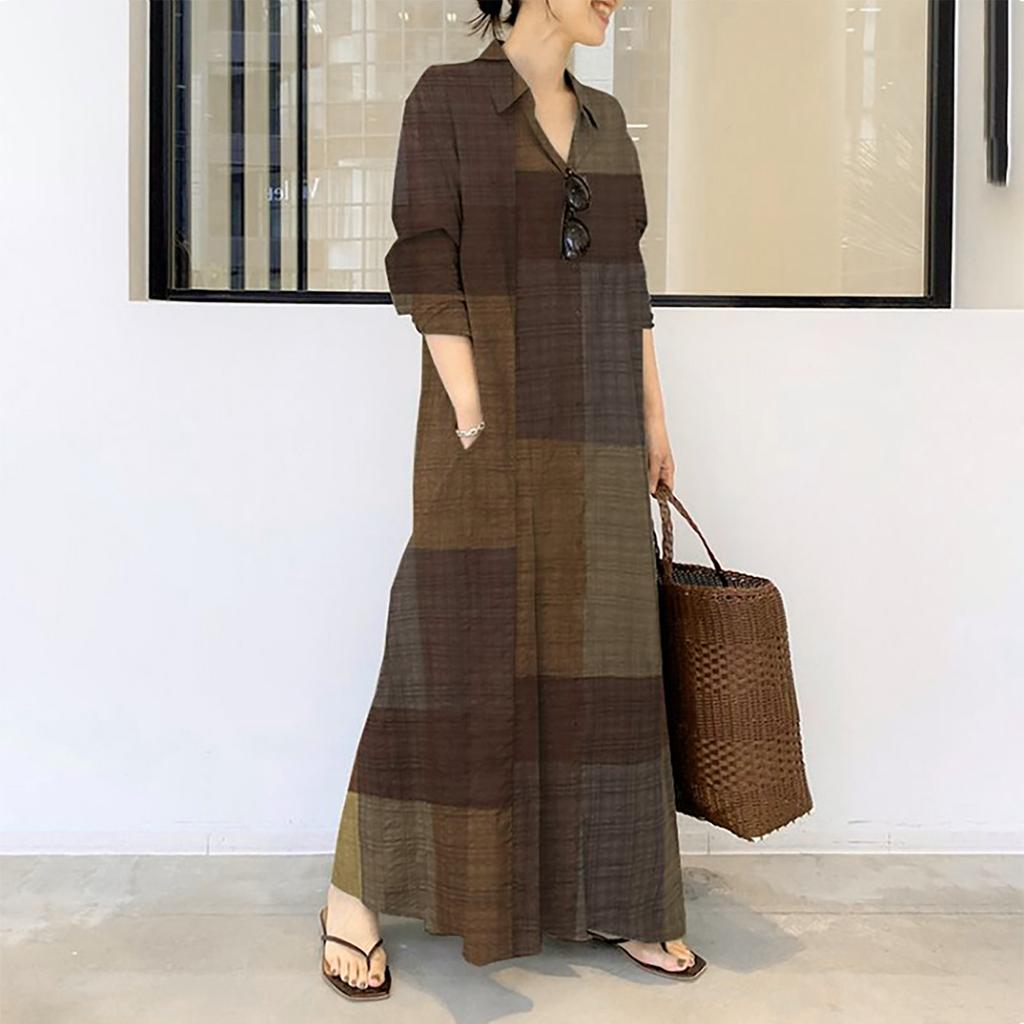 Dámské ležérní dlouhé košilové šaty z bavlněného plátna s potiskem volného temperamentu