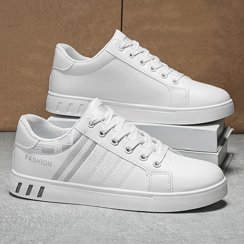 Men's Lace-Up Sneakers - White with Blue & Red Stripe Design, Breathable PU Upper, Durable PVC Sole, Comfortable Casual Shoes for Casual Attire