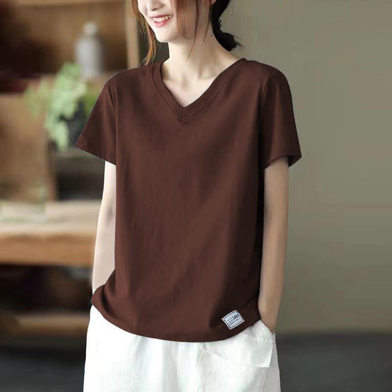 Belly-covering Shirt Loose Short-sleeved Summer New Versatile V-neck Design Labeling T-shirt Women