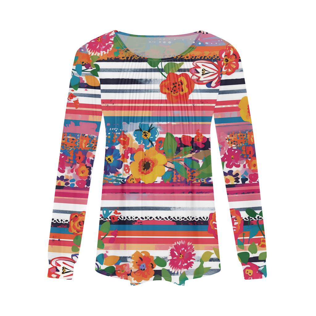 Women's Fashion Casual Pleated Round Neck Vintage Floral Print Long Sleeve T,Shirt Top