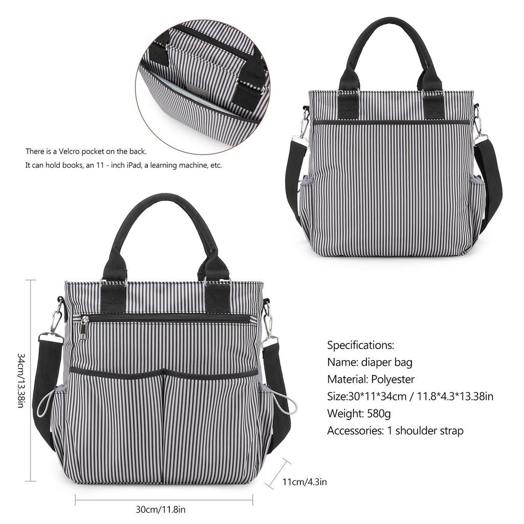 Classic Striped Mommy Bag – Large Capacity, Multi-Compartment, Wear-Resistant, with Load-Reducing Shoulder Strap for Travel