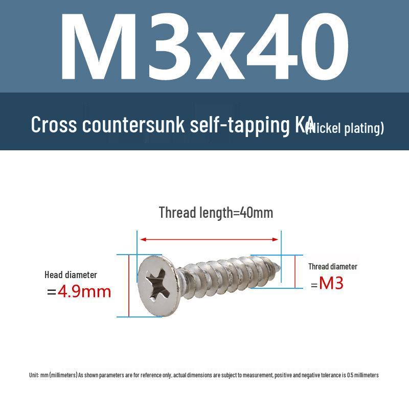 YiguYigu Nickel-Plated Phillips Flat Head Self-Tapping Screws M1-M5, Carbon Steel