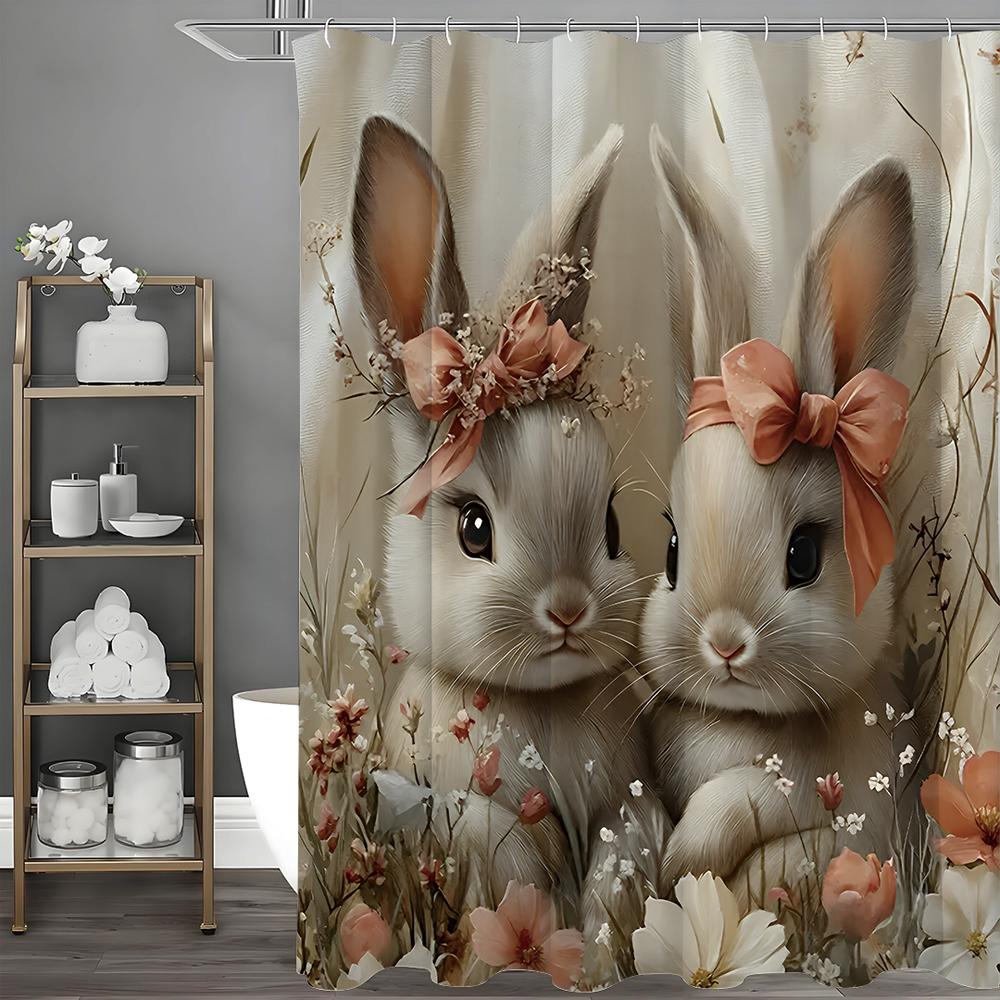 Easter Shower Curtain Bunny Easter Eggs Floral Bow Spring Holiday Bunny Bathroom Decor Polyester Shower Curtain Waterproof Showe