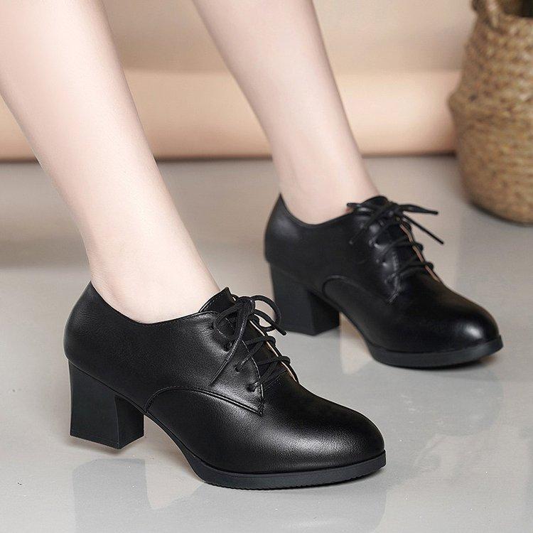 

High heels women s single shoes 2025 autumn new temperament fashionable versatile round head lace-up deep mouth waterproof table women s shoes 35 чёрный