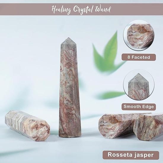 Natural Rosset Jasper Wand Healing Meditation Reiki Chakra Balancing Home Decor 8 Faceted Octagon Crystal Tower