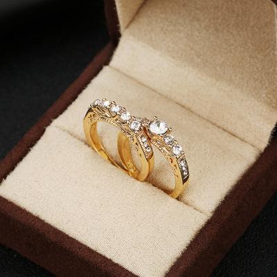 Cross-border wish popular couple ring, European and American couple two-piece set of gold-plated zircon ring personalized fashion jewelry