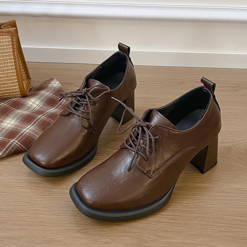 Fashion Soft Leather Retro Lace Up Single Shoes for Women 2025 Spring Autumn Square Toe Pumps French Thick High Heels for Women Footwear