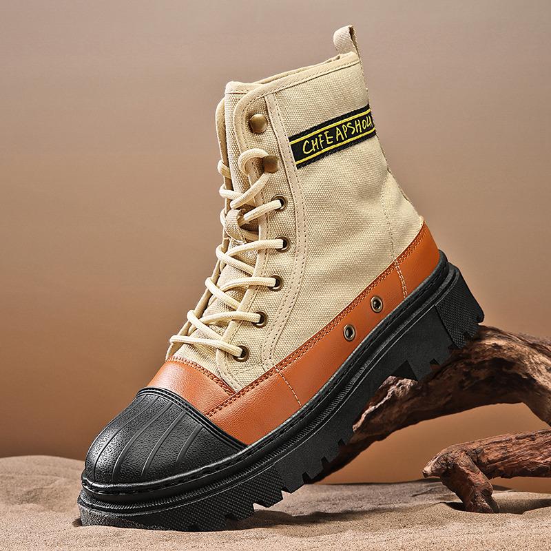 Autumn Winter Fashion Green Men Motorcycle Boot Platform Breathable Canvas Boots Men Lace-up Ankle Boots for Men Botas Masculino