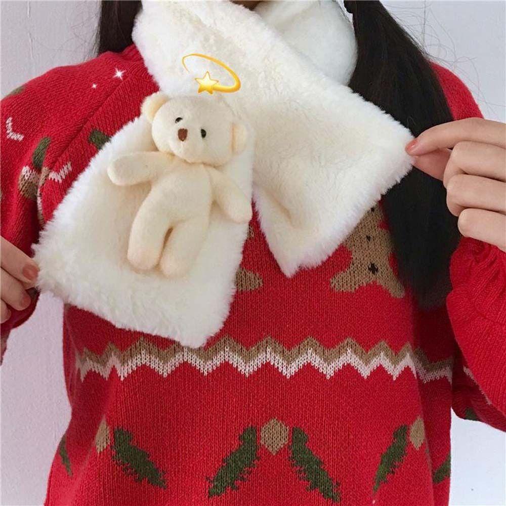 Faux Rabbit Fur Plush Neckerchief Wrap Bear For Girl Plush Scarf Warm Scarf Cross Scarf Neck Warmer