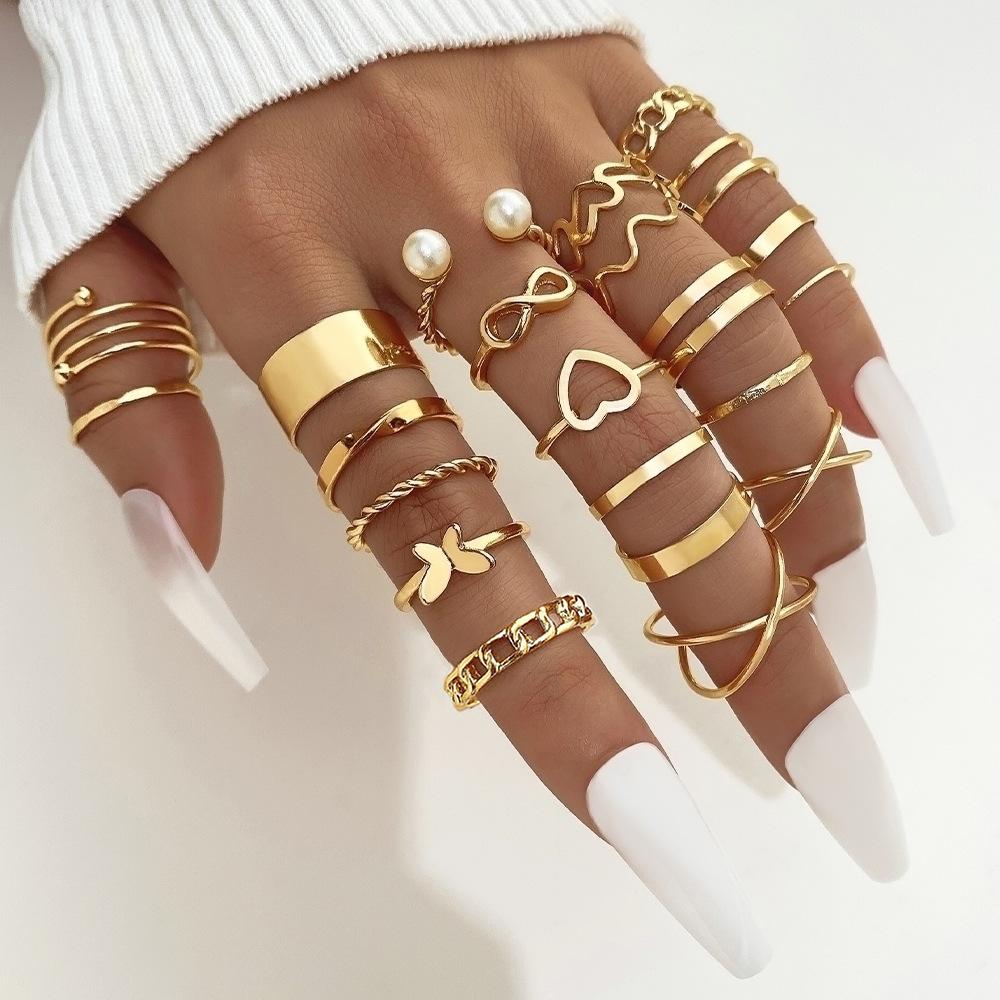 Open Multi-joint Ring Set for Women, Featuring a Unique Hollow Heart and Butterfly design22Set