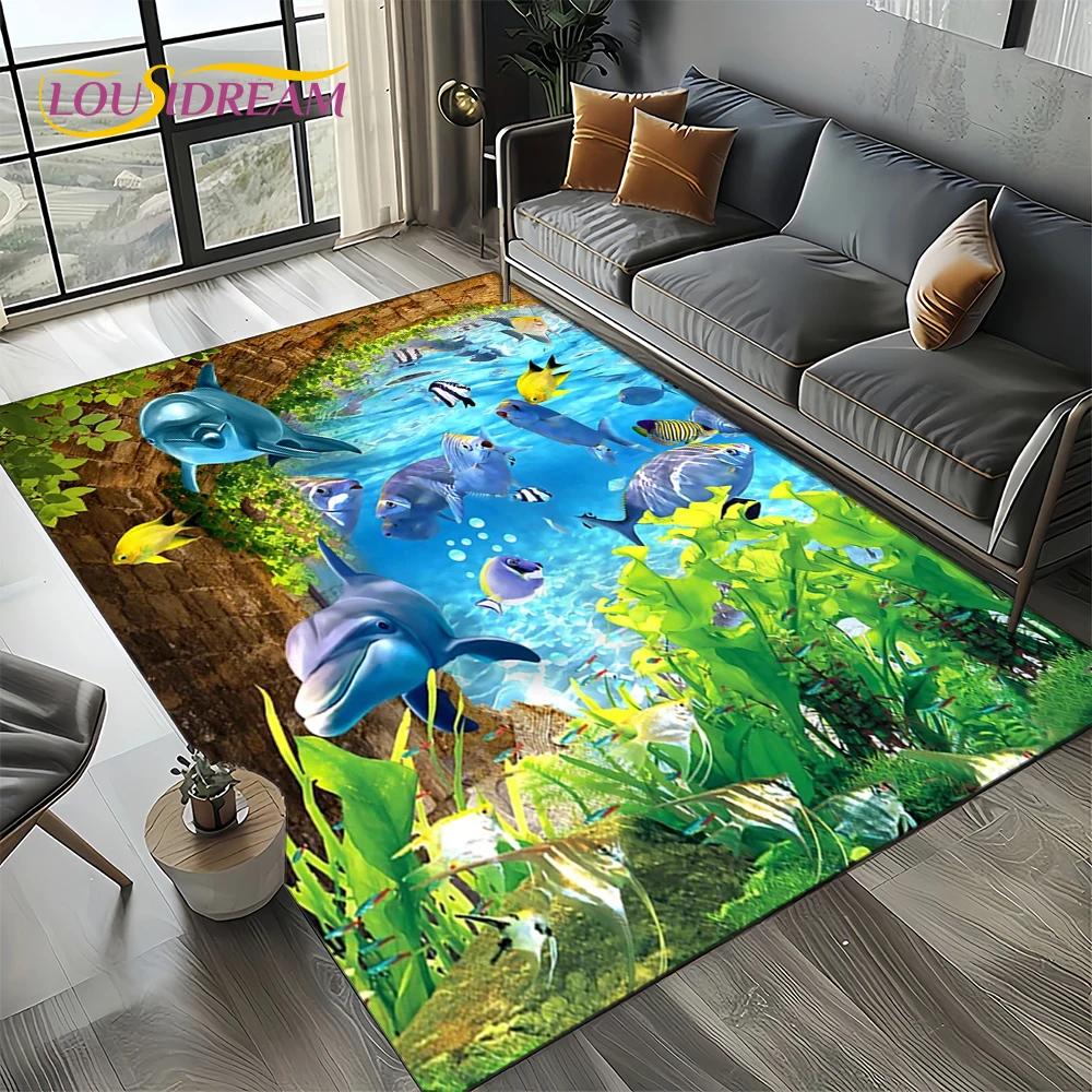 Underwater World 3D Illusion Seabed Cartoon Shark Dolphin Carpet Rug for Living Room Bedroom Home Sofa Decoration,Floor Mat Kid