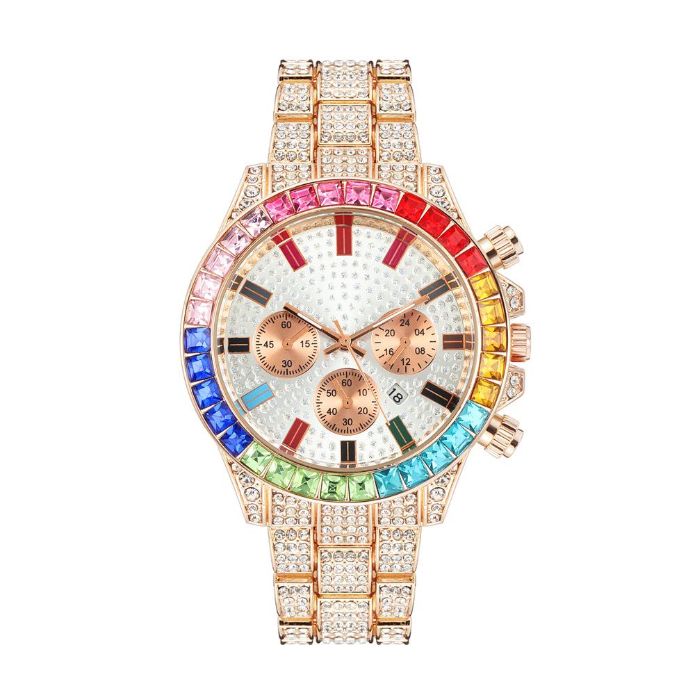 New Fashion Steel Band Watch with Colorful Rhinestone Markers and Quartz Calendar