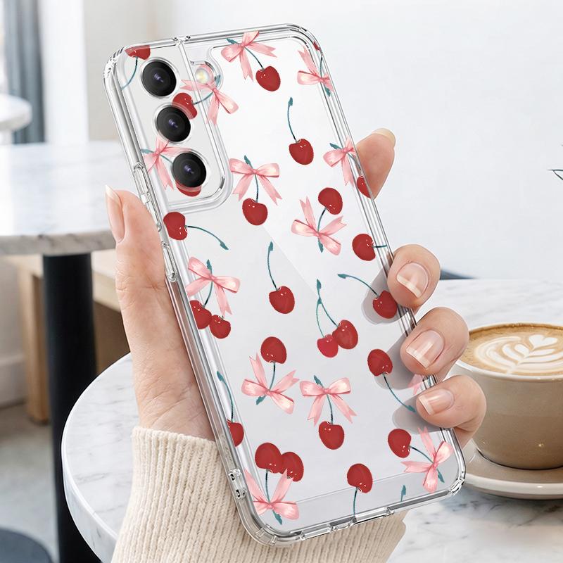Cherry Bowknots Case For Samsung A57 S26 Ultra A37 A17 A56 A36 A26 A16 A55 A35 A25 A15 A54 5G S21 FE S22 S23 S24 S25 Plus Clear TPU Soft Cover