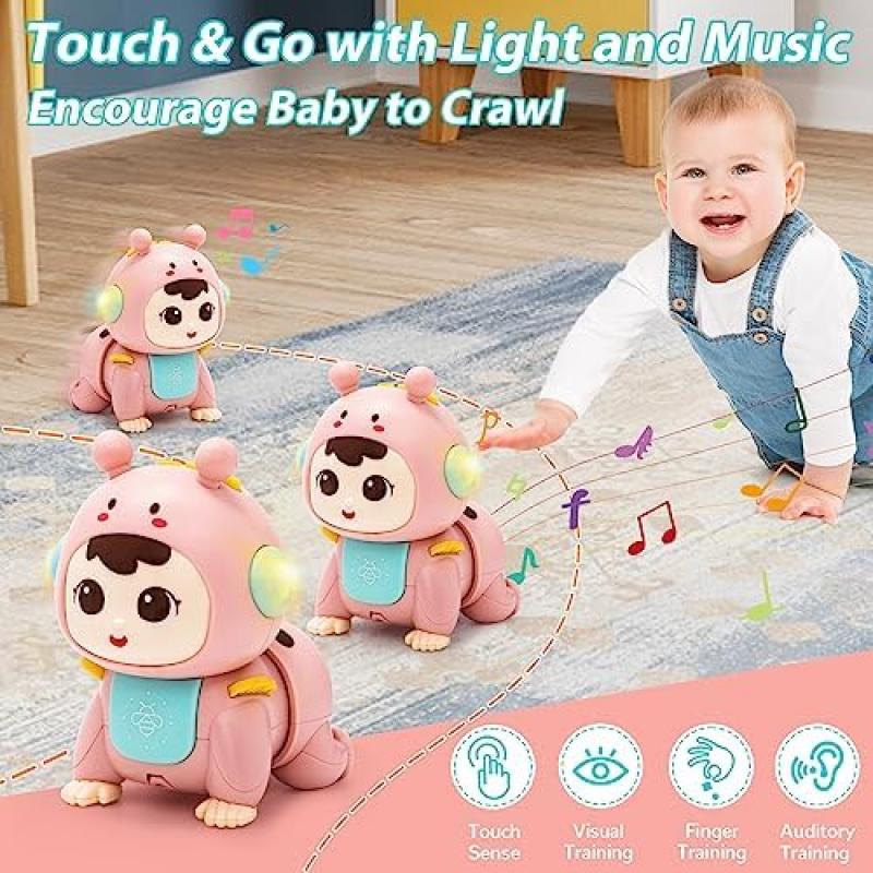 Highttoy Baby Krabbelspielzeug mit Lichtern und Musik, Sensorisches Spielzeug für die Bauchlage für Säuglinge 3 6 9 Monate, Rosa