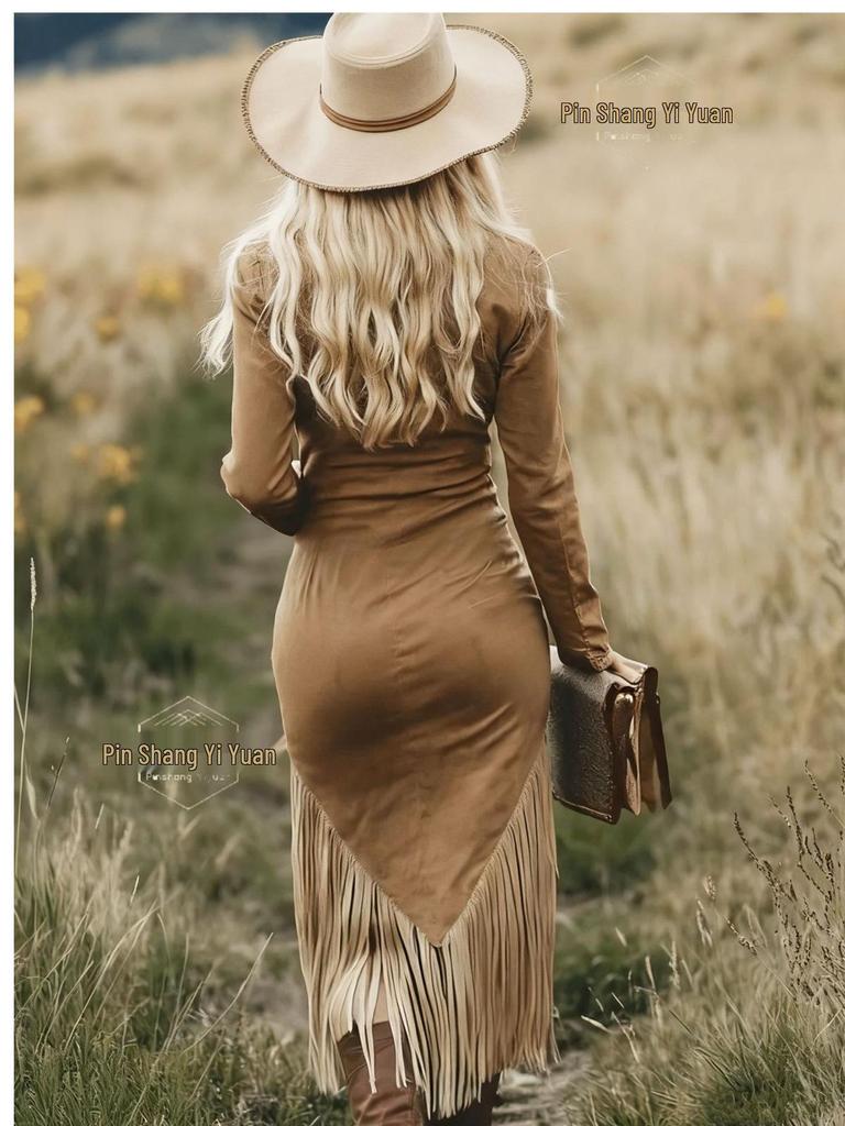 2025 Retro Western Slim-Fit Tassel Hem Cowboy Dress for Girls