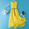 Elegant Sleeveless Silk Midi Dress with Belted Waist and Loose Hem for Summer 2022 Women's Fashion.