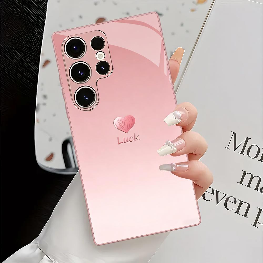 Rosa herzförmige metallische Lackglas-Handyhülle geeignet für Samsung Galaxy S26 S25 S24 S22 S21 S20 FE/Ultra/Plus stoßfest