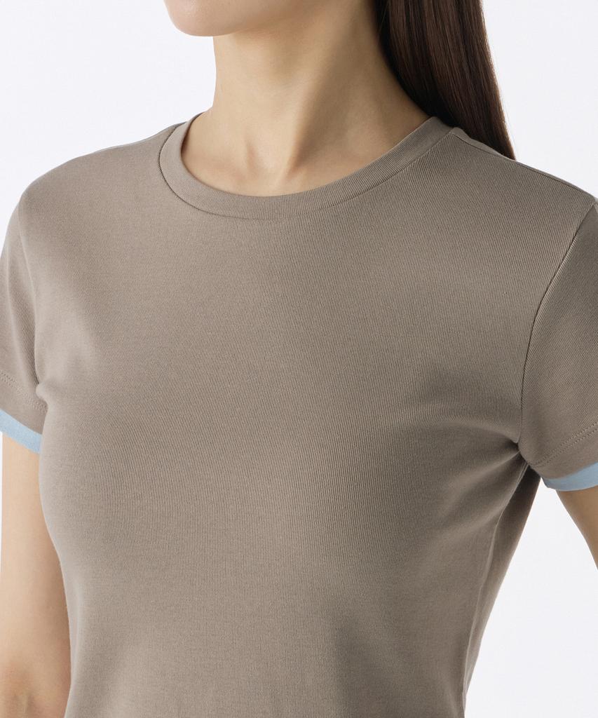 MUSINSA STANDARD WOMAN Women'S Layered Hem Slim T-Shirt [Taupe/Light Blue]