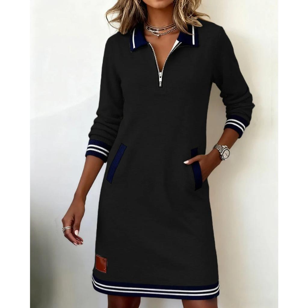 Fall Winter Women's Casual Color Block Dress Zip Collar Long Sleeve Pockets Dress European American Style