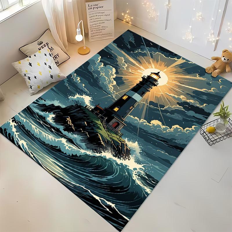 Lighthouse Illuminated Amid Stormy Waves Non-slip rug suitable for living room and bedroom sofas