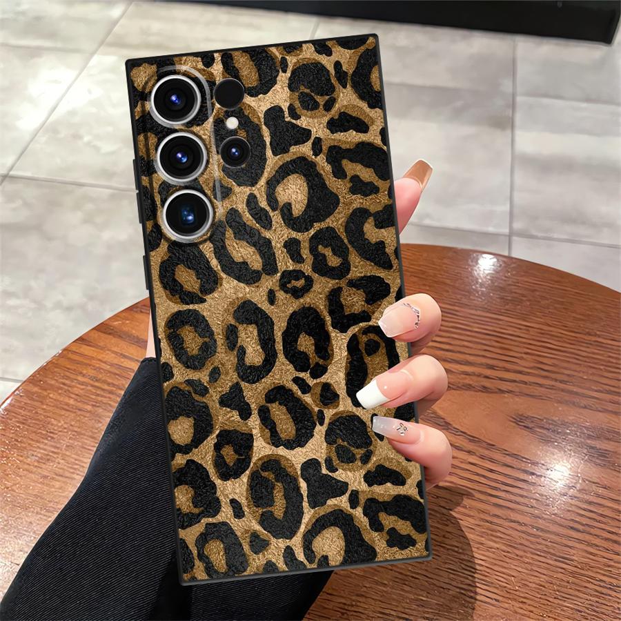 Black Soft Phone Cover Case for Samsung Galaxy S23 Ultra S25 Edge S24 Plus S20 S21 FE Cartoon Leopard Print Pattern