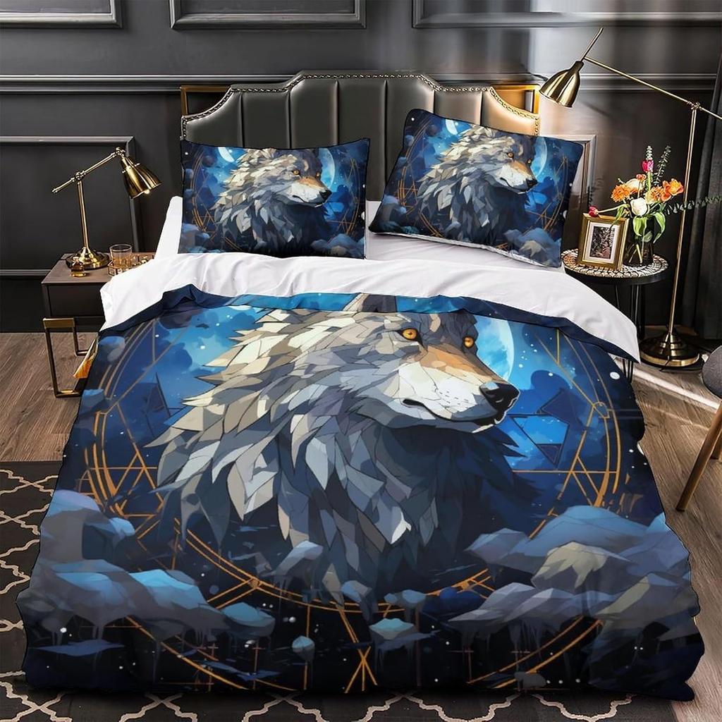 3D Printed Wolf Element Fashionable Down Duvet Cover, Ultra-fine Fiber Bedding Set, Children's and Adult Zipper Down Duvet Cover