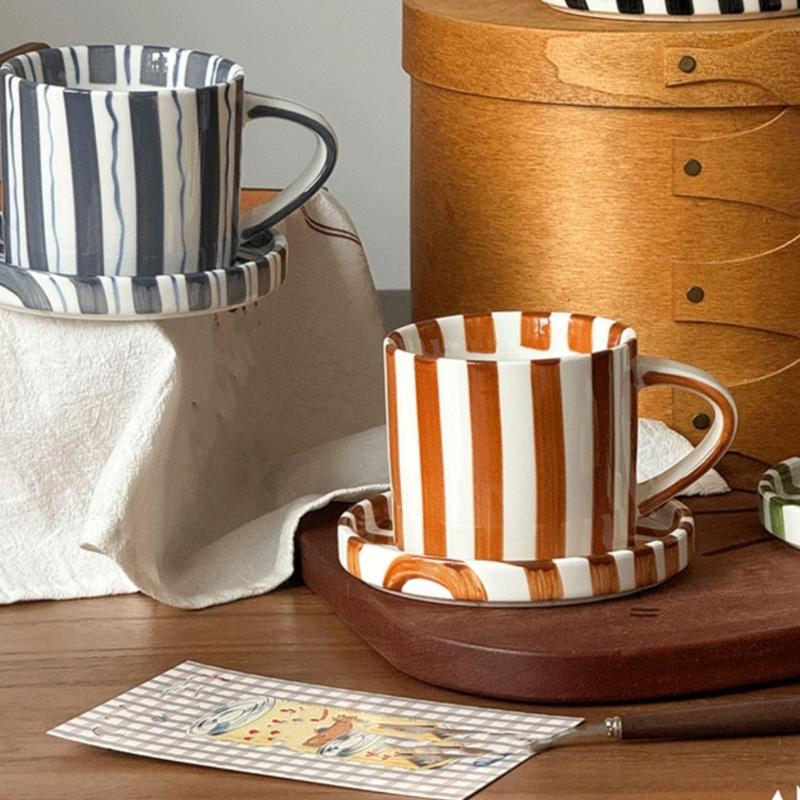 Cup Coffee Striped And Ceramic Saucer Set 5inch Elegant Pattern For Daily Beverages Ergonomic Grip Designs