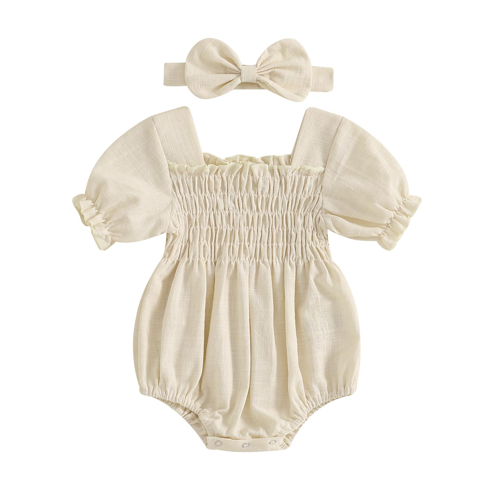 

Летний комбинезон для младенцев и девочек, однотонный, с короткими рукавами, квадратным вырезом, присборенный, с бантом на голове 12-18 Months