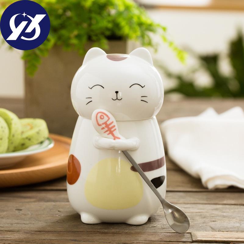 Super Cute 3D Animal Cat Cute Ceramic Water Cup Lovers Creative Large Capacity Mug with Cover Coffee Cup