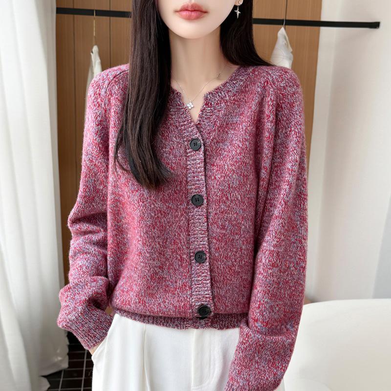Autumn/Winter Pure Wool Thick V-Neck Long Sleeve Heather Yarn Cardigan Sweater