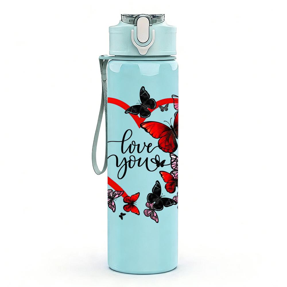 1PC Red Vine Butterfly Love Heart 750ml Color Plastic Sports Water Bottle Leakproof Flip Straw Lid Suitable for Sports Office Home Use