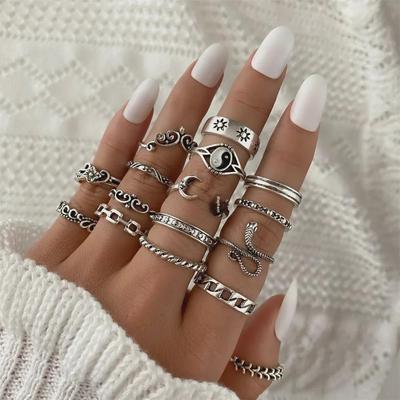 16-Piece Retro Yin Yang & Elephant Geometric Ring Set - Korean Jewelry with European & American Style