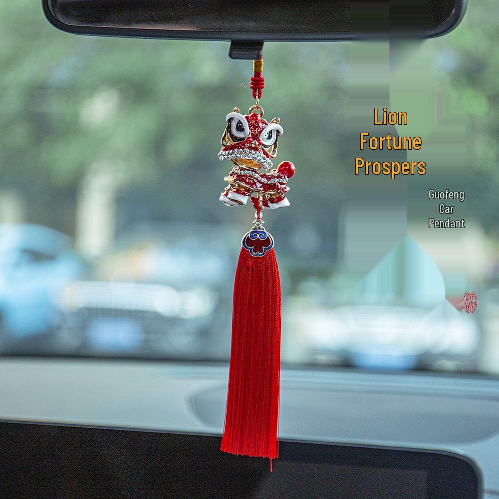 Chinese Lion Dance Pendant: Cultural Car Decoration with Tassel and Diamond-Studded Lion