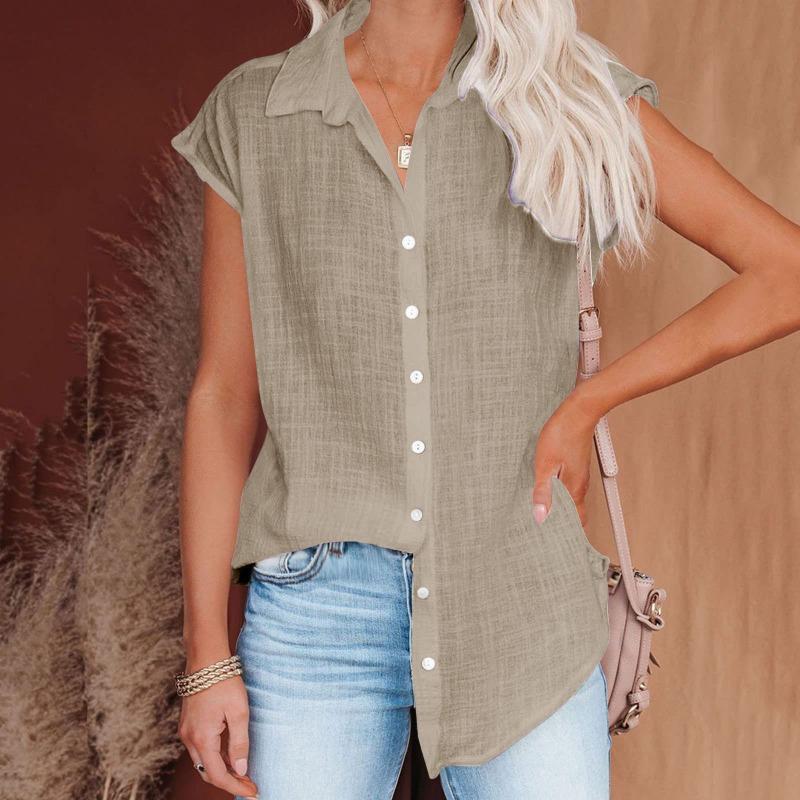 Summer new solid color single-breasted shirt women's casual short-sleeved top