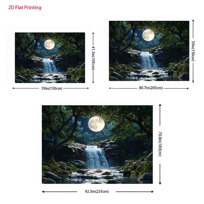 2D Moonlight Forest Waterfall Tapestry Night Nature Landscape Wall Art