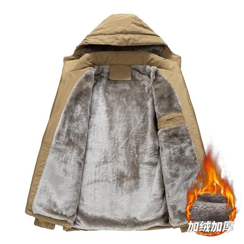 2025 Fleece Thickened Plus Size Jacket Fall and Winter Men's Middle-aged Solid Color Casual Hooded Warm Jacket Shirt Top