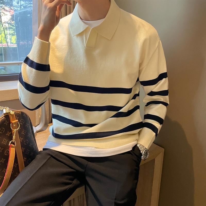 Striped Polo Collar Knitted Sweater For Men's Autumn And Winter Loose Casual Sweater Business Commuting Top