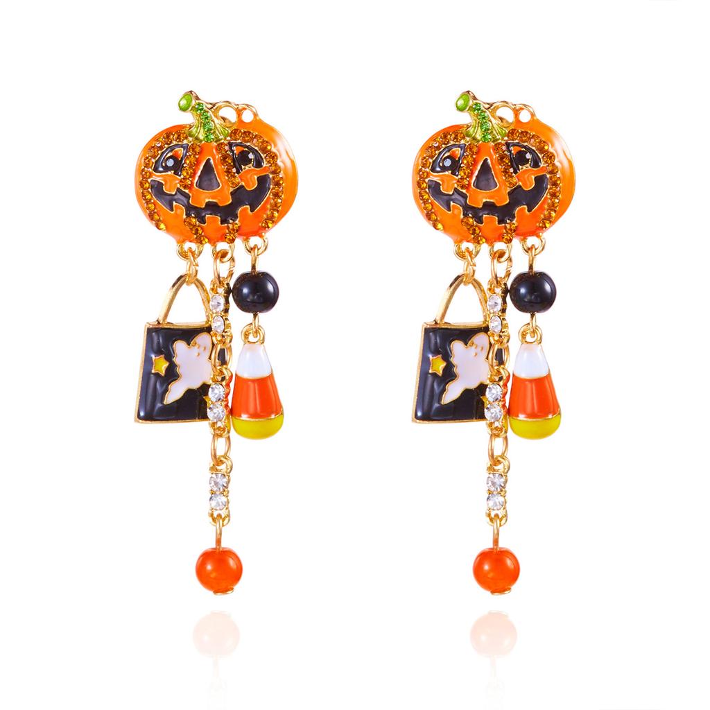 Halloween Pumpkin Earrings for Women Long Tassels Smiling Face Pumpkin Inlaid rhinestones Drop Earrings Halloween Jewelry