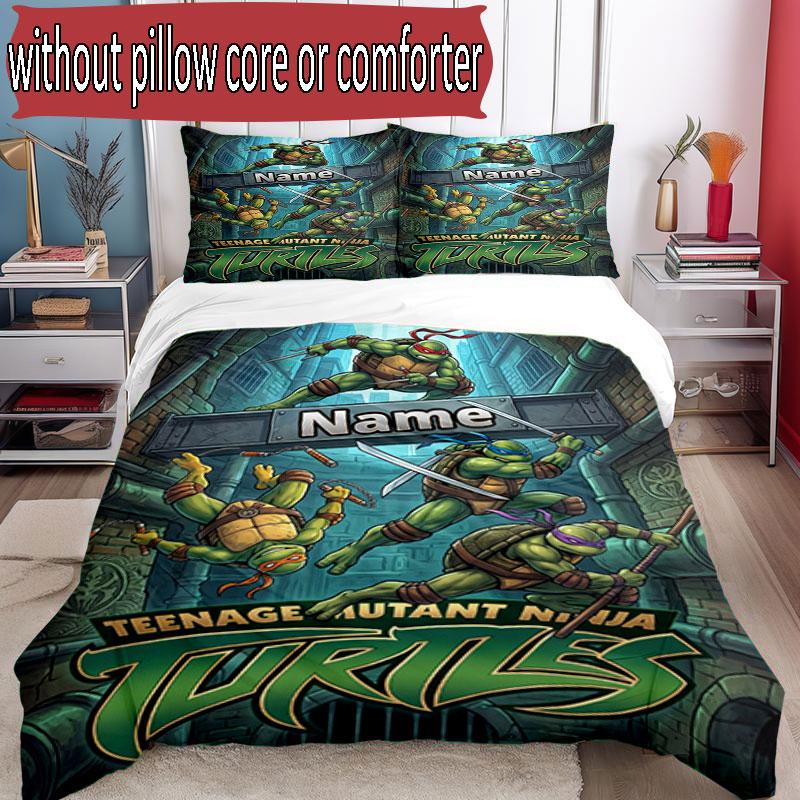 3pcs Duvet Cover Set (1*Duvet Cover + 2*Pillowcase, Without Core), Custom Name Teenage Ninja Turtles Pattern Bedding Set, Home Bedroom Decor Gift