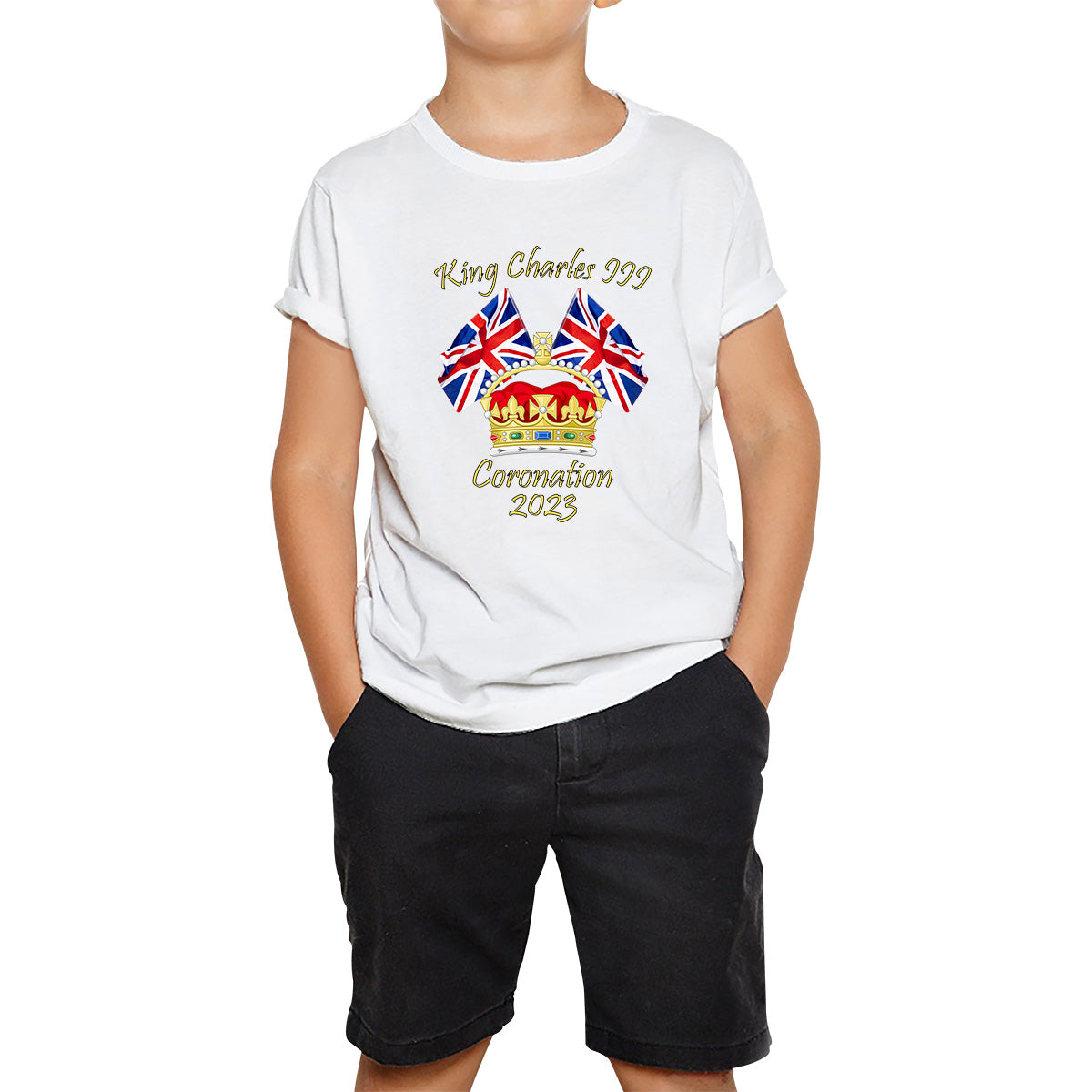 King Charles III Coronation 2023 United Kingdom Flags Royal Crown Ruling Monarch Of England CR III Kids T Shirt 100