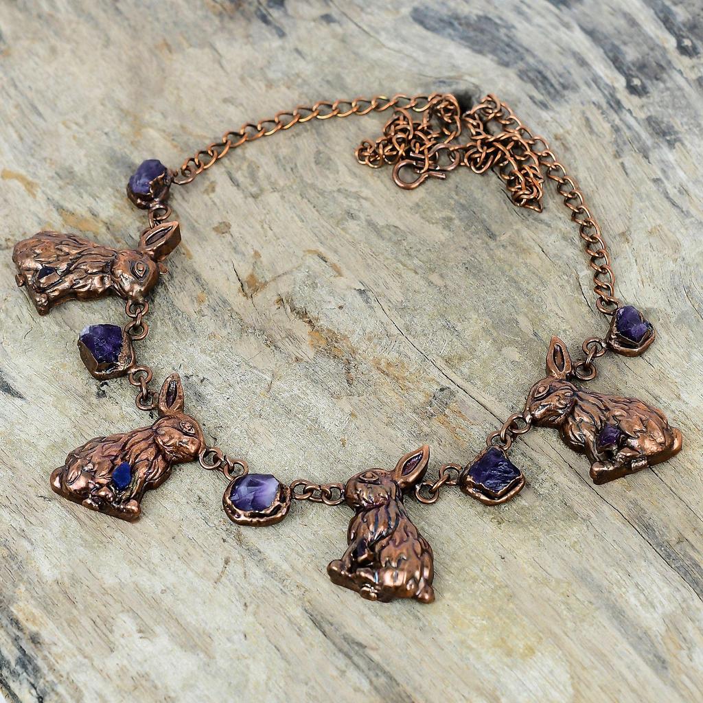 African amethyst rough gemstone necklace electroformed copper adjustable chain necklace rabbit necklace handmade copper jewelry gift for her