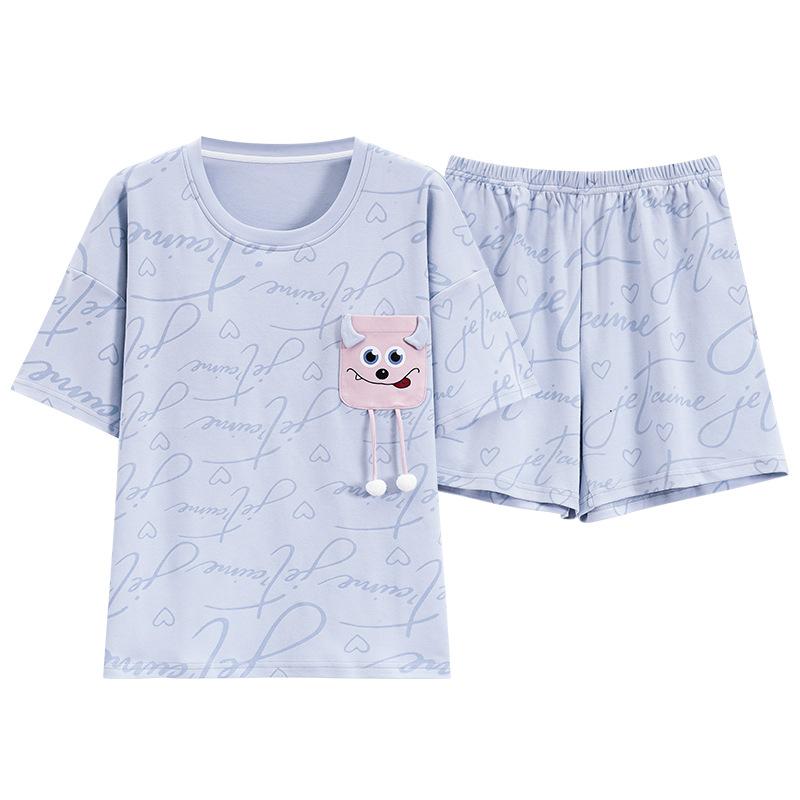 Short-sleeved Pajamas Women's Summer Thin Style with Chest Pad Cartoon Girl Student Loungewear Can Be Worn Outside the Suit