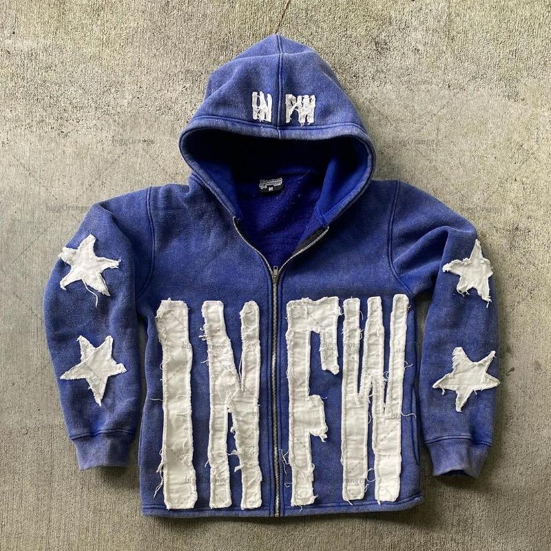 Unisex Zip Up Hooded Jacket Frayed Star Letter Patch Vintage Long Sleeve Streetwear Hoodie Outerwear XS