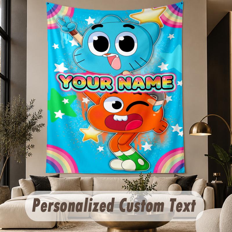 Custom Text Printed Tapestry Amazing World of Gumball Pattern Large Wall Hanging Indoor Room Decor