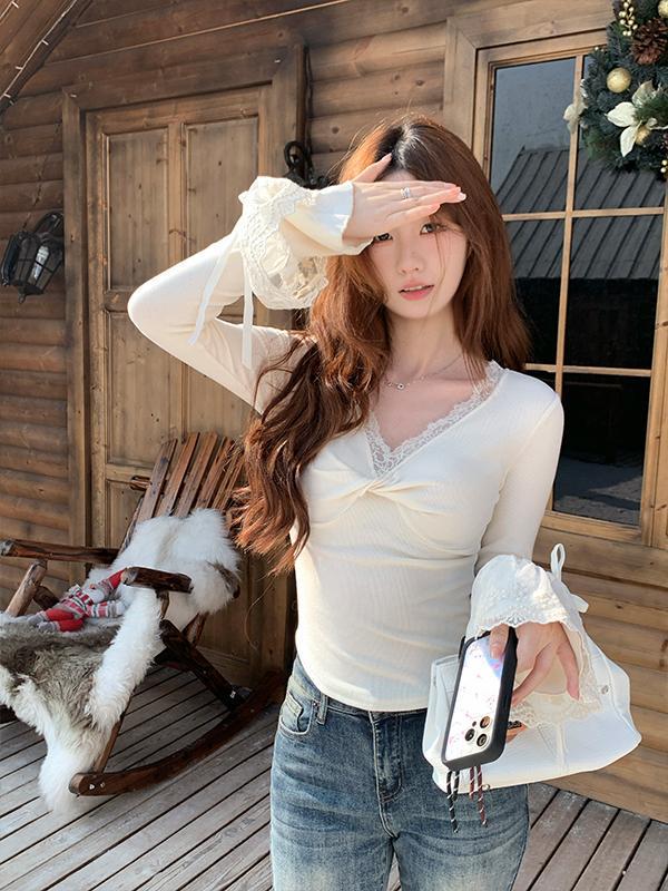 Chic Lace Trim V-Neck Twist Long-Sleeve T-Shirt for Women - Autumn/Winter Versatile Base Layer