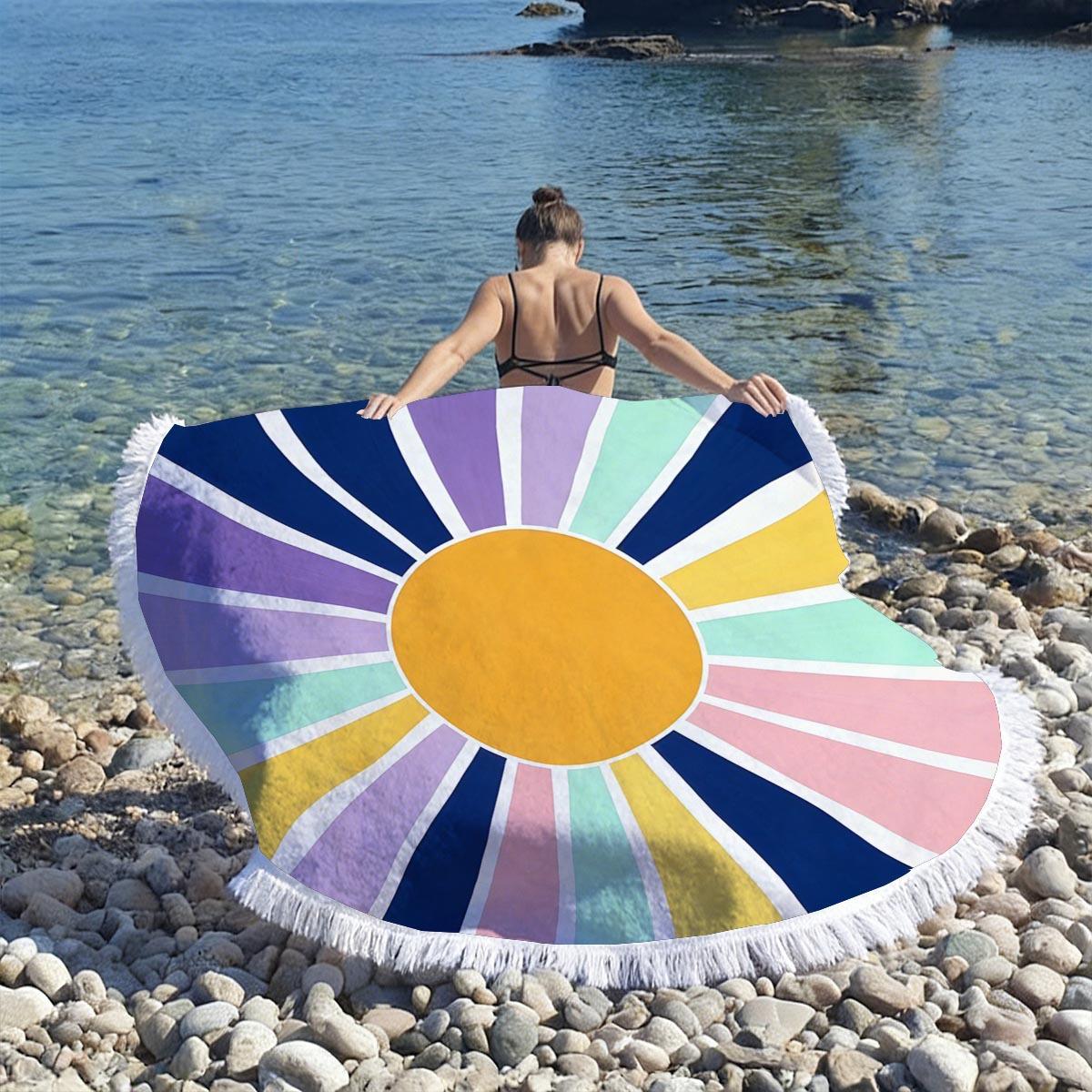 Geometrische Zon Mandala Rond Kwastje Strandlaken Microvezel Super Absorberend Sneldrogend 1.8M Zandvrij Bewijs Yogamat Picknickkleed 150X150CM